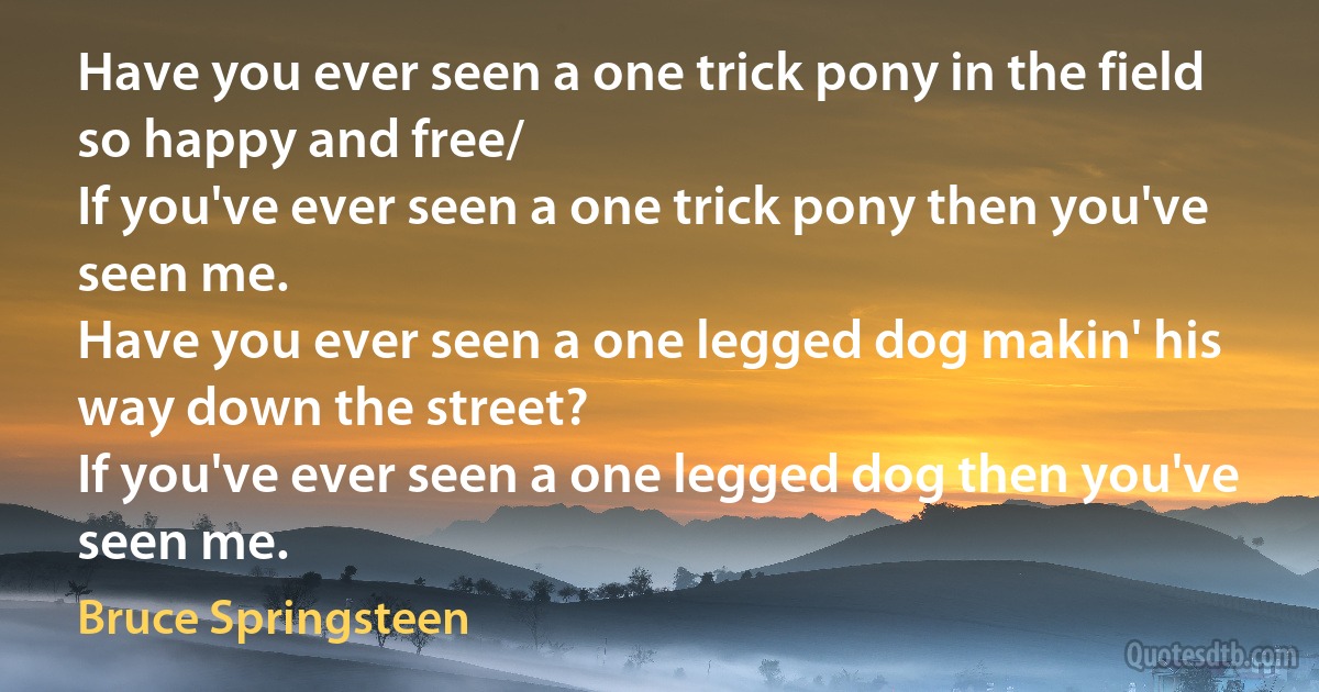 Have you ever seen a one trick pony in the field so happy and free/
If you've ever seen a one trick pony then you've seen me.
Have you ever seen a one legged dog makin' his way down the street?
If you've ever seen a one legged dog then you've seen me. (Bruce Springsteen)