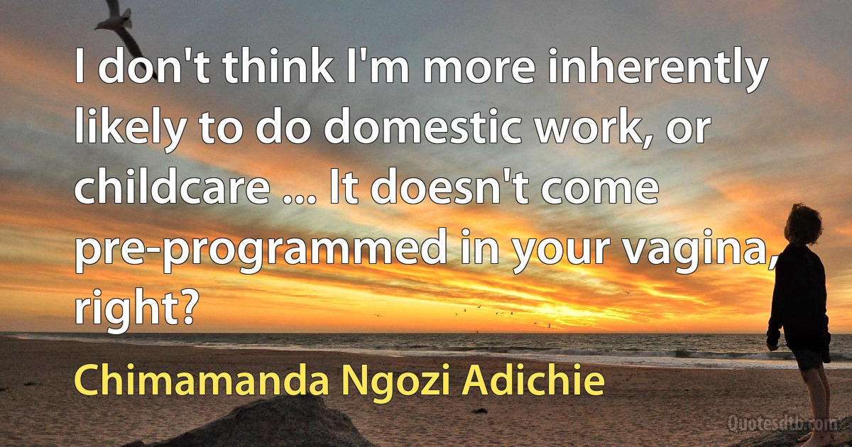 I don't think I'm more inherently likely to do domestic work, or childcare ... It doesn't come pre-programmed in your vagina, right? (Chimamanda Ngozi Adichie)