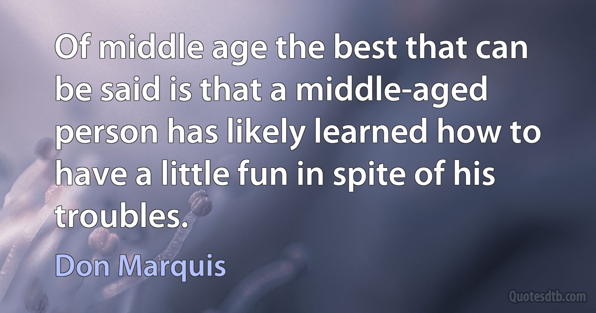 Of middle age the best that can be said is that a middle-aged person has likely learned how to have a little fun in spite of his troubles. (Don Marquis)