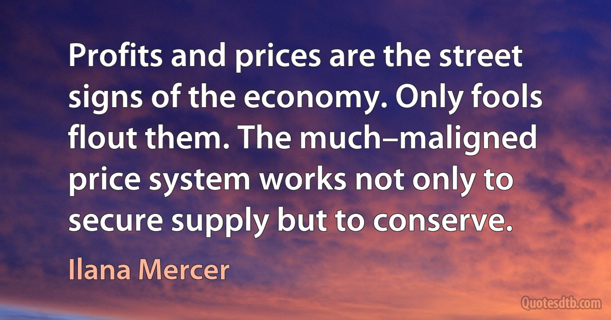 Profits and prices are the street signs of the economy. Only fools flout them. The much–maligned price system works not only to secure supply but to conserve. (Ilana Mercer)