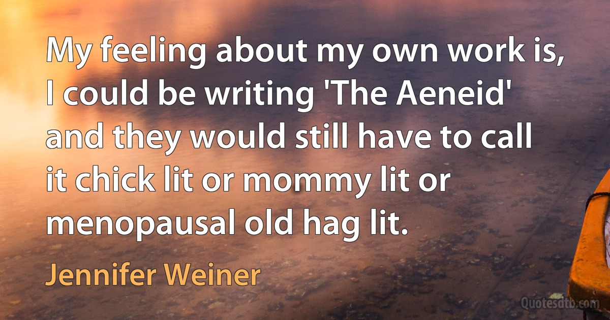 My feeling about my own work is, I could be writing 'The Aeneid' and they would still have to call it chick lit or mommy lit or menopausal old hag lit. (Jennifer Weiner)