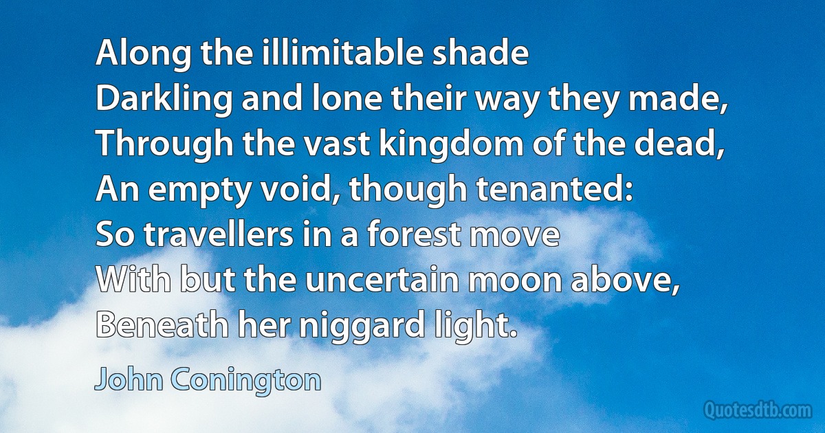 Along the illimitable shade
Darkling and lone their way they made,
Through the vast kingdom of the dead,
An empty void, though tenanted:
So travellers in a forest move
With but the uncertain moon above,
Beneath her niggard light. (John Conington)