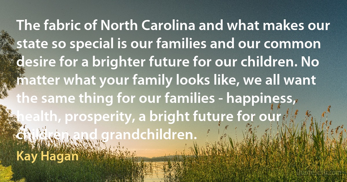 The fabric of North Carolina and what makes our state so special is our families and our common desire for a brighter future for our children. No matter what your family looks like, we all want the same thing for our families - happiness, health, prosperity, a bright future for our children and grandchildren. (Kay Hagan)