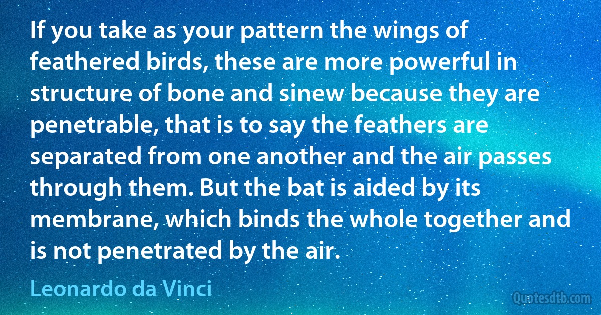 If you take as your pattern the wings of feathered birds, these are more powerful in structure of bone and sinew because they are penetrable, that is to say the feathers are separated from one another and the air passes through them. But the bat is aided by its membrane, which binds the whole together and is not penetrated by the air. (Leonardo da Vinci)