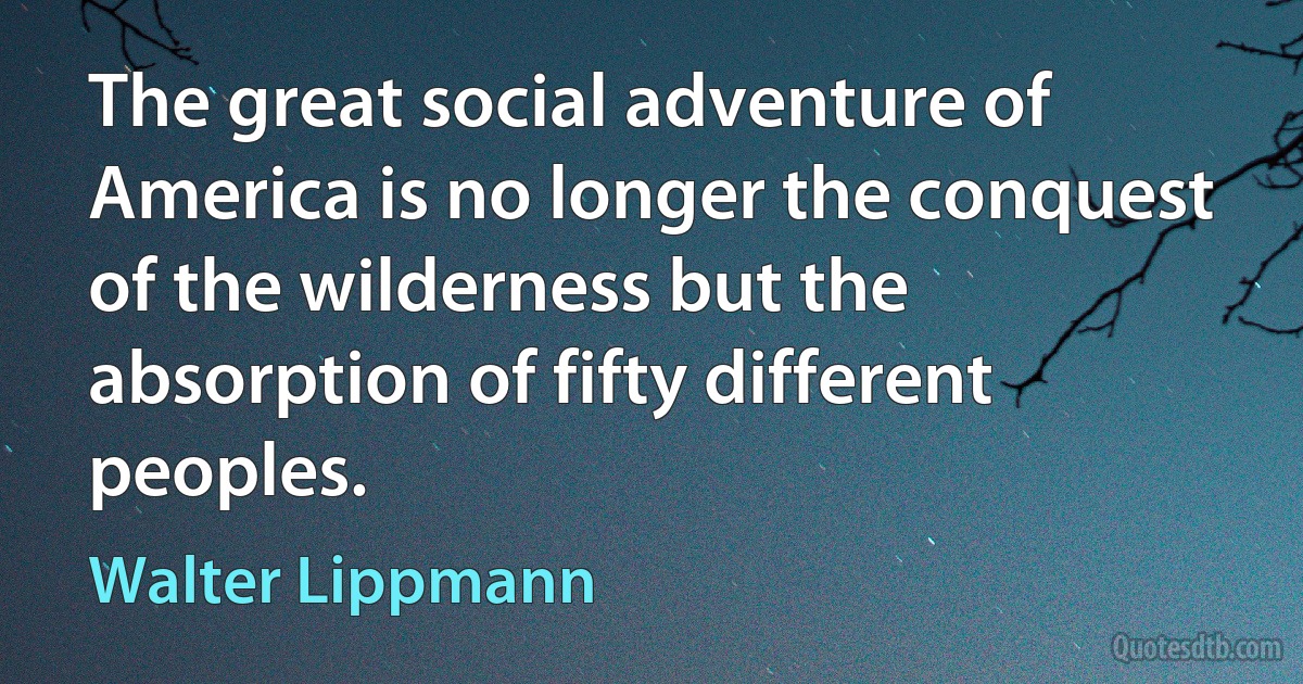 The great social adventure of America is no longer the conquest of the wilderness but the absorption of fifty different peoples. (Walter Lippmann)