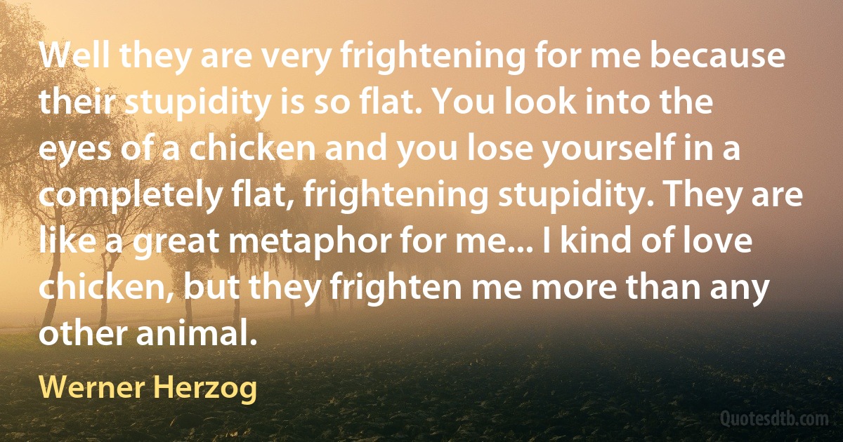 Well they are very frightening for me because their stupidity is so flat. You look into the eyes of a chicken and you lose yourself in a completely flat, frightening stupidity. They are like a great metaphor for me... I kind of love chicken, but they frighten me more than any other animal. (Werner Herzog)