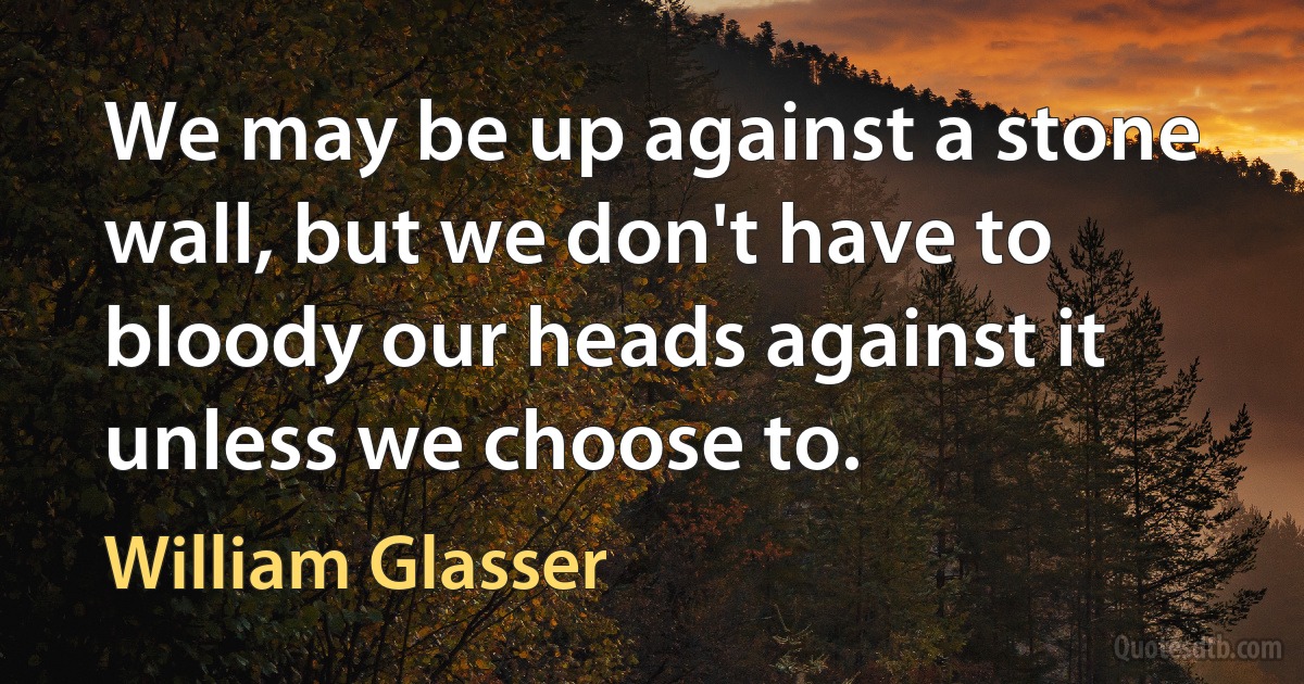 We may be up against a stone wall, but we don't have to bloody our heads against it unless we choose to. (William Glasser)