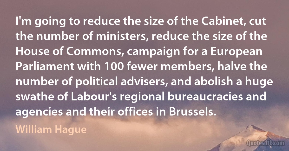 I'm going to reduce the size of the Cabinet, cut the number of ministers, reduce the size of the House of Commons, campaign for a European Parliament with 100 fewer members, halve the number of political advisers, and abolish a huge swathe of Labour's regional bureaucracies and agencies and their offices in Brussels. (William Hague)