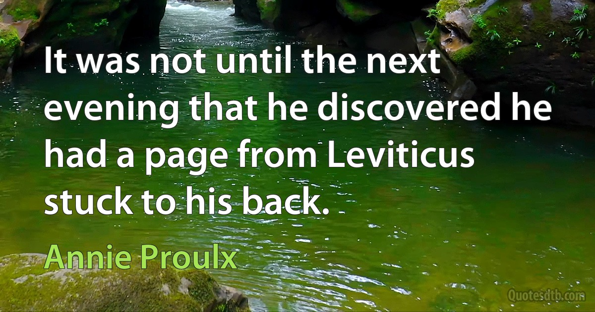 It was not until the next evening that he discovered he had a page from Leviticus stuck to his back. (Annie Proulx)