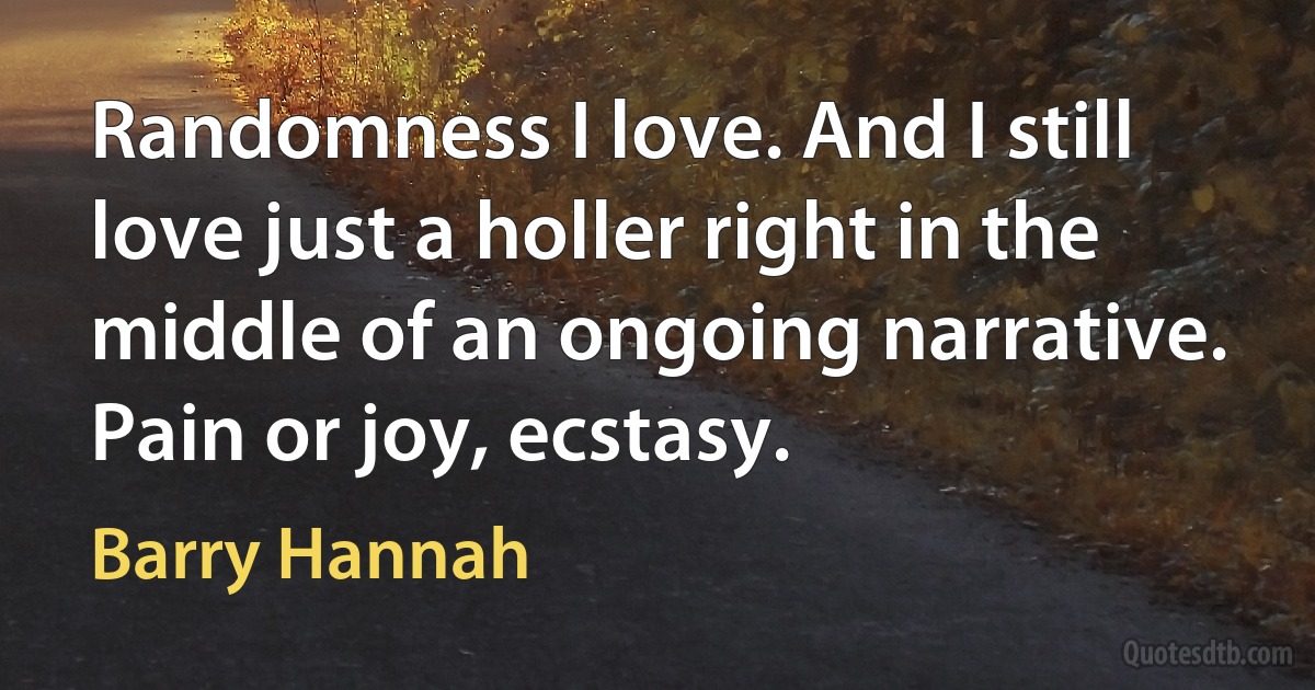 Randomness I love. And I still love just a holler right in the middle of an ongoing narrative. Pain or joy, ecstasy. (Barry Hannah)