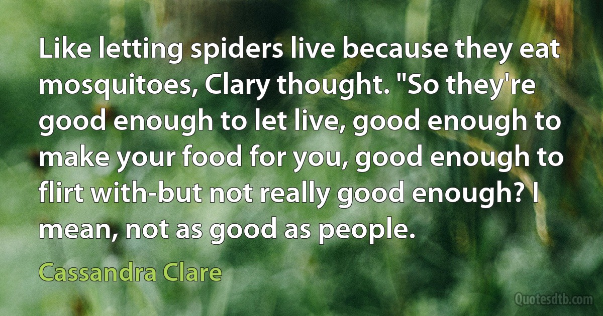 Like letting spiders live because they eat mosquitoes, Clary thought. "So they're good enough to let live, good enough to make your food for you, good enough to flirt with-but not really good enough? I mean, not as good as people. (Cassandra Clare)