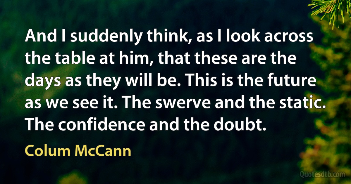 And I suddenly think, as I look across the table at him, that these are the days as they will be. This is the future as we see it. The swerve and the static. The confidence and the doubt. (Colum McCann)