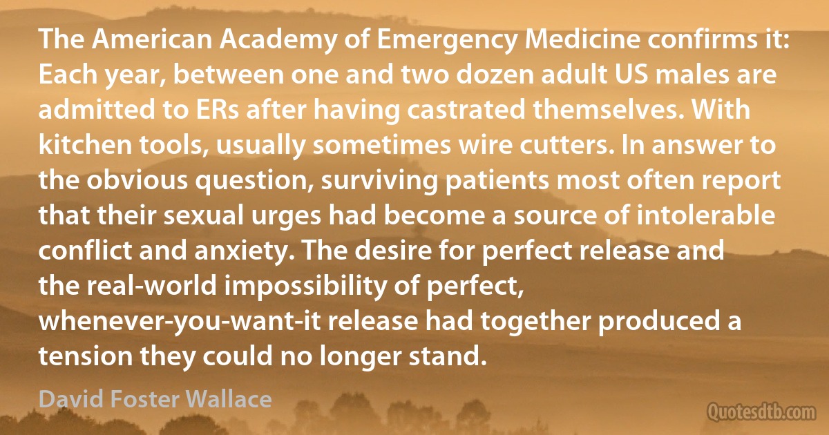 The American Academy of Emergency Medicine confirms it: Each year, between one and two dozen adult US males are admitted to ERs after having castrated themselves. With kitchen tools, usually sometimes wire cutters. In answer to the obvious question, surviving patients most often report that their sexual urges had become a source of intolerable conflict and anxiety. The desire for perfect release and the real-world impossibility of perfect, whenever-you-want-it release had together produced a tension they could no longer stand. (David Foster Wallace)