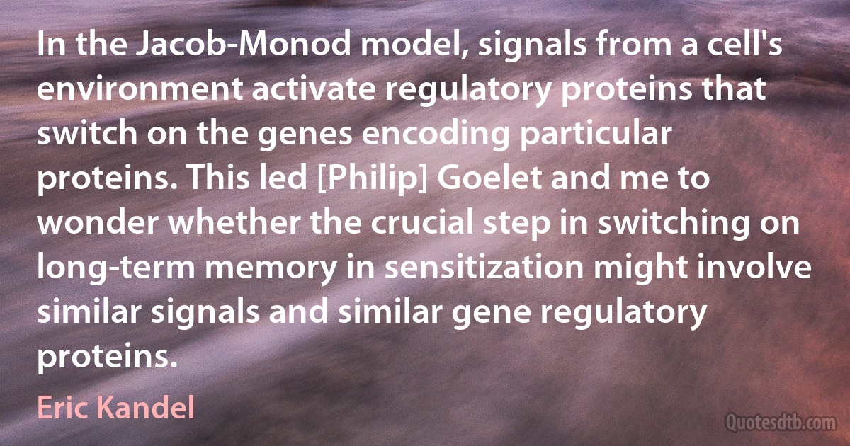 In the Jacob-Monod model, signals from a cell's environment activate regulatory proteins that switch on the genes encoding particular proteins. This led [Philip] Goelet and me to wonder whether the crucial step in switching on long-term memory in sensitization might involve similar signals and similar gene regulatory proteins. (Eric Kandel)