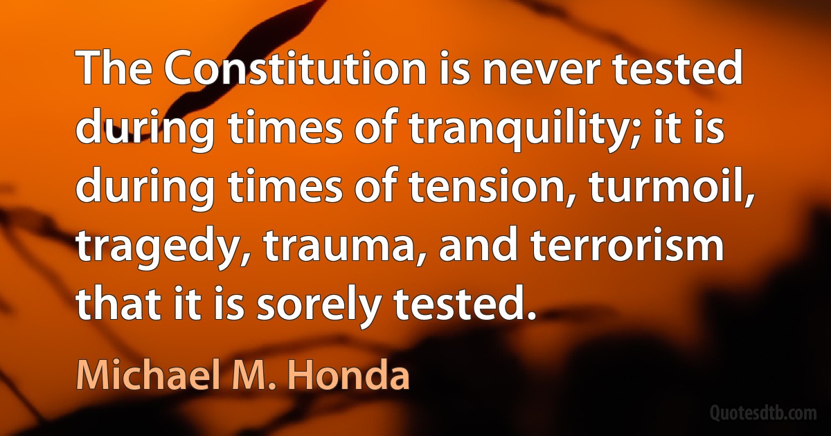 The Constitution is never tested during times of tranquility; it is during times of tension, turmoil, tragedy, trauma, and terrorism that it is sorely tested. (Michael M. Honda)