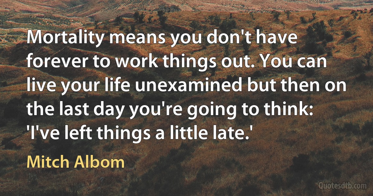 Mortality means you don't have forever to work things out. You can live your life unexamined but then on the last day you're going to think: 'I've left things a little late.' (Mitch Albom)