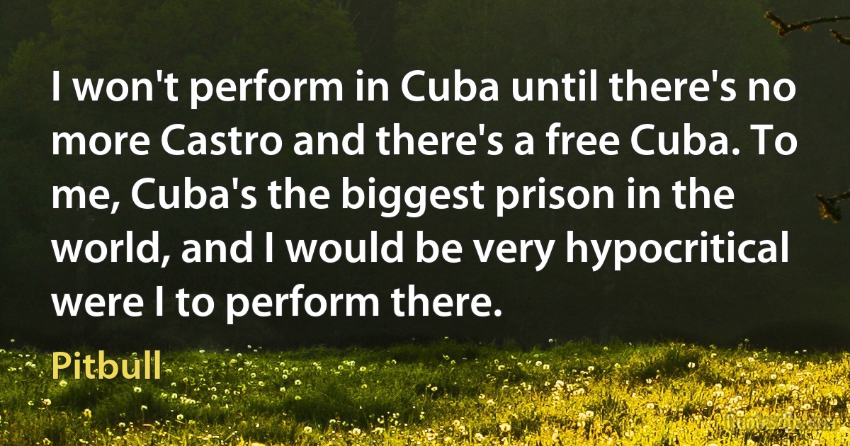 I won't perform in Cuba until there's no more Castro and there's a free Cuba. To me, Cuba's the biggest prison in the world, and I would be very hypocritical were I to perform there. (Pitbull)