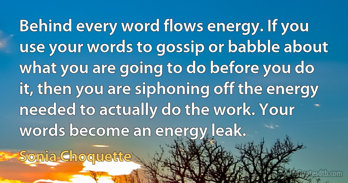 Behind every word flows energy. If you use your words to gossip or babble about what you are going to do before you do it, then you are siphoning off the energy needed to actually do the work. Your words become an energy leak. (Sonia Choquette)