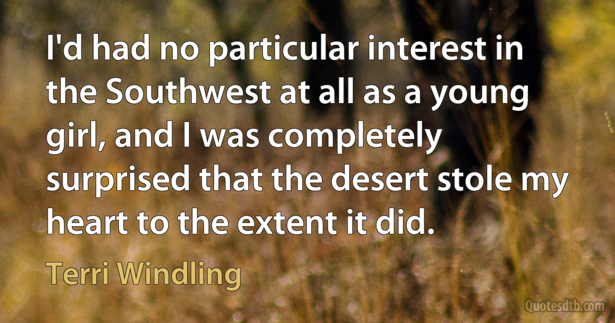 I'd had no particular interest in the Southwest at all as a young girl, and I was completely surprised that the desert stole my heart to the extent it did. (Terri Windling)