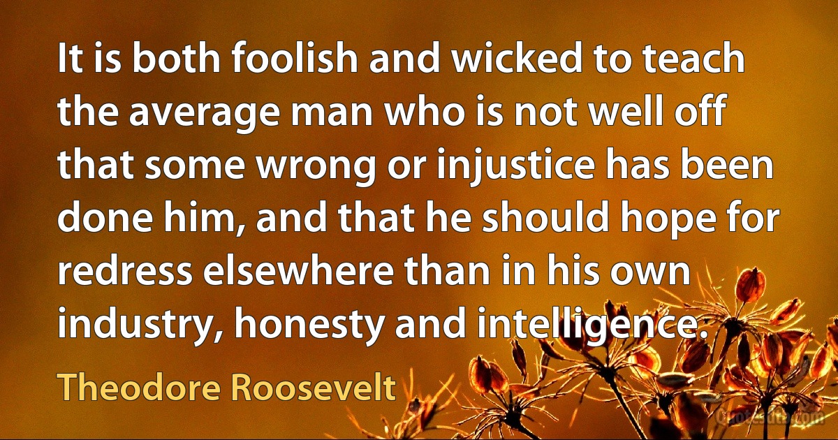 It is both foolish and wicked to teach the average man who is not well off that some wrong or injustice has been done him, and that he should hope for redress elsewhere than in his own industry, honesty and intelligence. (Theodore Roosevelt)