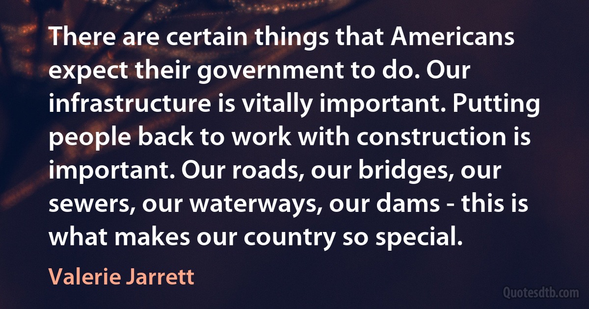 There are certain things that Americans expect their government to do. Our infrastructure is vitally important. Putting people back to work with construction is important. Our roads, our bridges, our sewers, our waterways, our dams - this is what makes our country so special. (Valerie Jarrett)