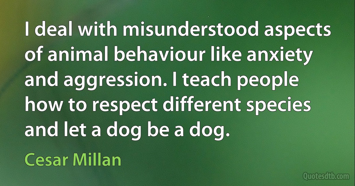 I deal with misunderstood aspects of animal behaviour like anxiety and aggression. I teach people how to respect different species and let a dog be a dog. (Cesar Millan)