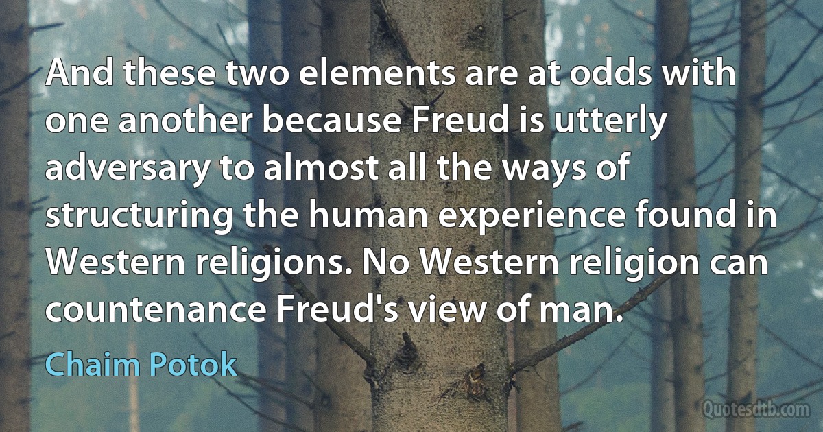 And these two elements are at odds with one another because Freud is utterly adversary to almost all the ways of structuring the human experience found in Western religions. No Western religion can countenance Freud's view of man. (Chaim Potok)