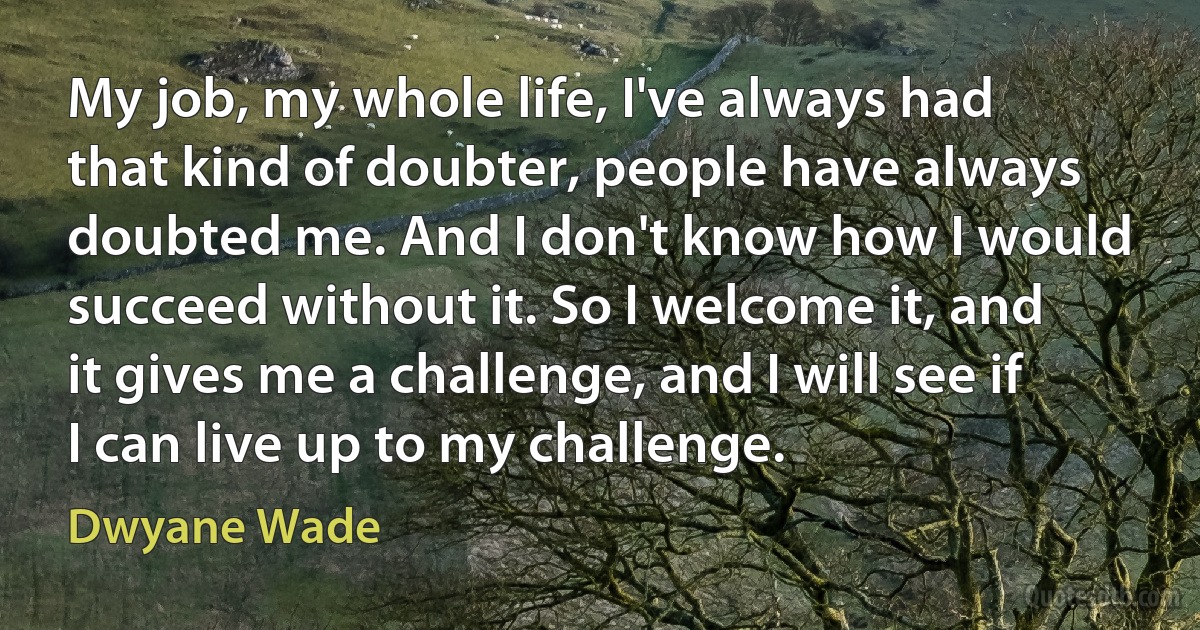 My job, my whole life, I've always had that kind of doubter, people have always doubted me. And I don't know how I would succeed without it. So I welcome it, and it gives me a challenge, and I will see if I can live up to my challenge. (Dwyane Wade)