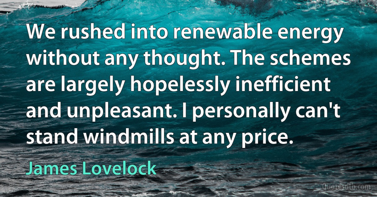 We rushed into renewable energy without any thought. The schemes are largely hopelessly inefficient and unpleasant. I personally can't stand windmills at any price. (James Lovelock)