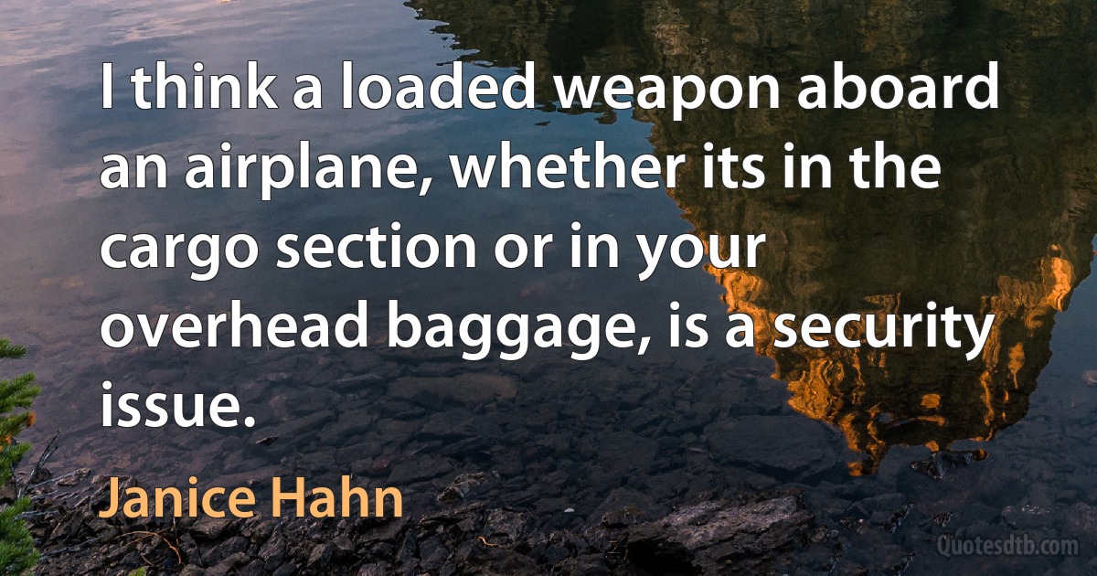 I think a loaded weapon aboard an airplane, whether its in the cargo section or in your overhead baggage, is a security issue. (Janice Hahn)