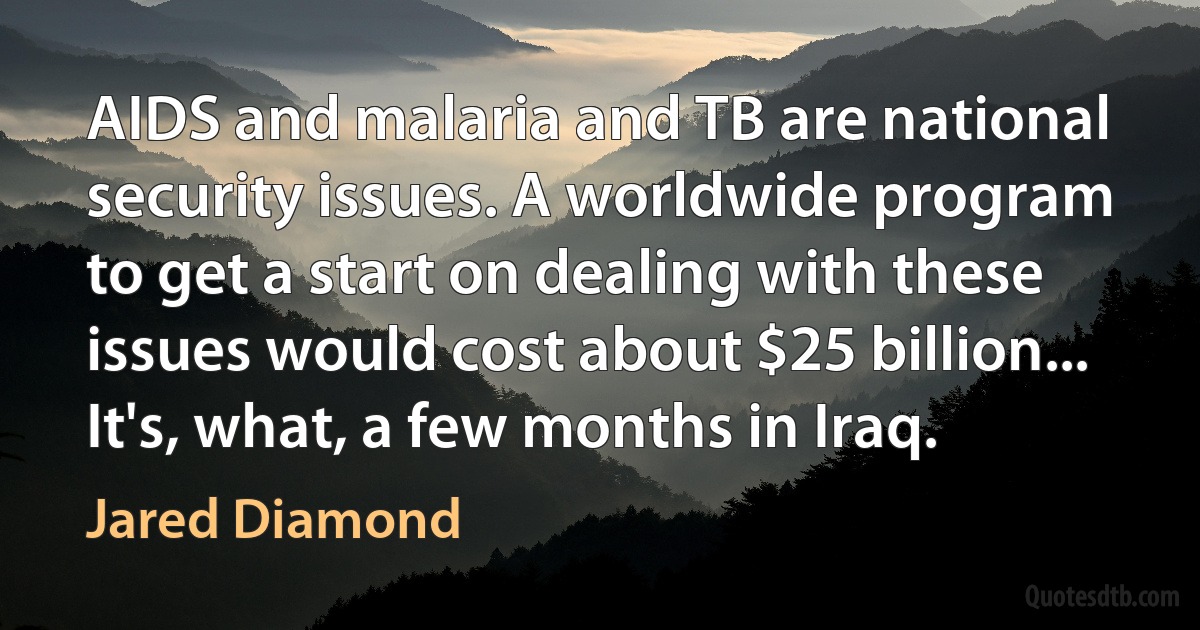 AIDS and malaria and TB are national security issues. A worldwide program to get a start on dealing with these issues would cost about $25 billion... It's, what, a few months in Iraq. (Jared Diamond)