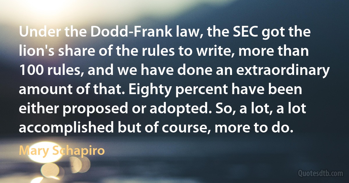 Under the Dodd-Frank law, the SEC got the lion's share of the rules to write, more than 100 rules, and we have done an extraordinary amount of that. Eighty percent have been either proposed or adopted. So, a lot, a lot accomplished but of course, more to do. (Mary Schapiro)