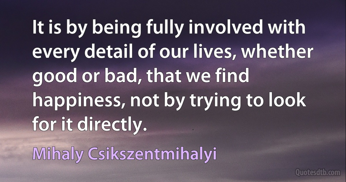 It is by being fully involved with every detail of our lives, whether good or bad, that we find happiness, not by trying to look for it directly. (Mihaly Csikszentmihalyi)