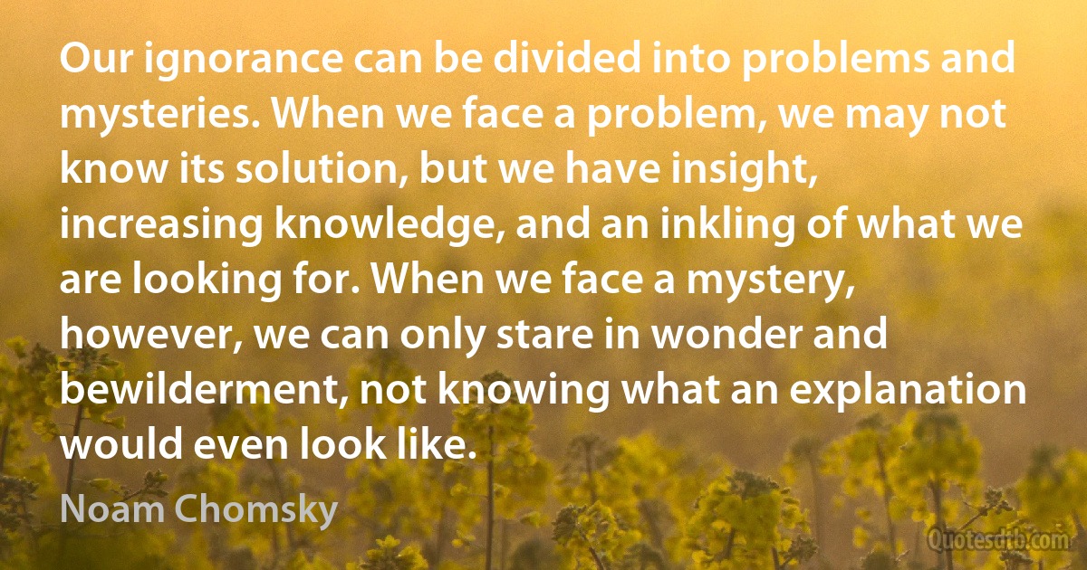 Our ignorance can be divided into problems and mysteries. When we face a problem, we may not know its solution, but we have insight, increasing knowledge, and an inkling of what we are looking for. When we face a mystery, however, we can only stare in wonder and bewilderment, not knowing what an explanation would even look like. (Noam Chomsky)