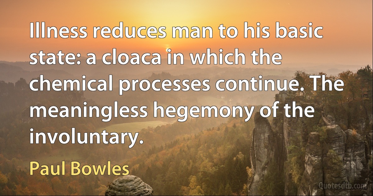 Illness reduces man to his basic state: a cloaca in which the chemical processes continue. The meaningless hegemony of the involuntary. (Paul Bowles)