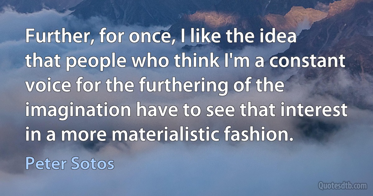 Further, for once, I like the idea that people who think I'm a constant voice for the furthering of the imagination have to see that interest in a more materialistic fashion. (Peter Sotos)