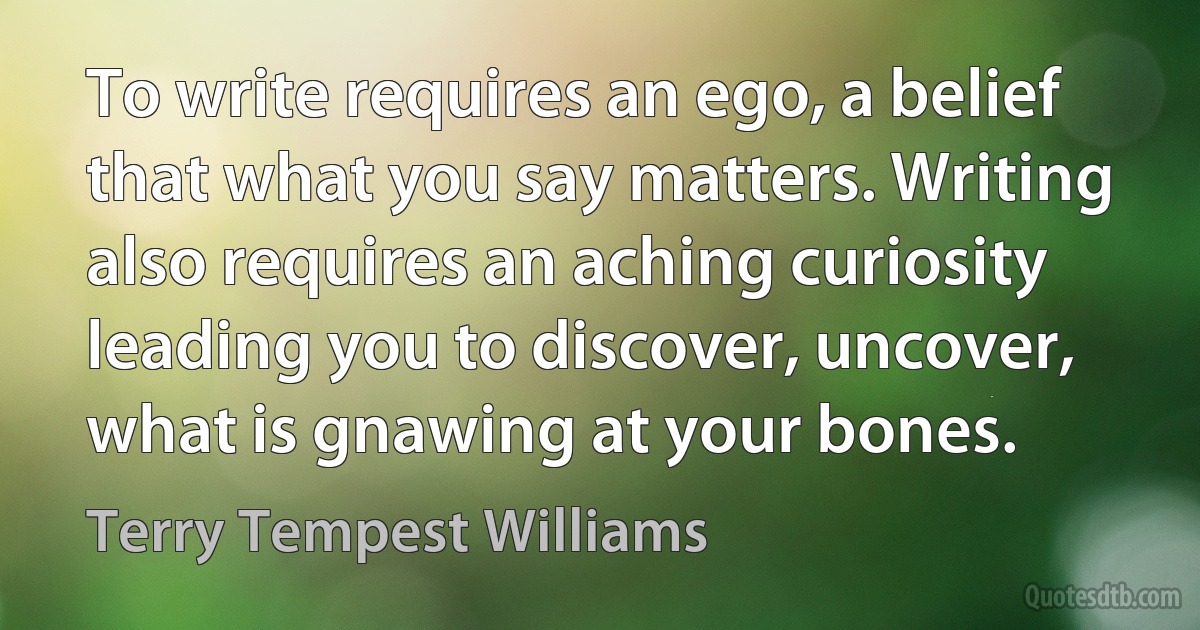 To write requires an ego, a belief that what you say matters. Writing also requires an aching curiosity leading you to discover, uncover, what is gnawing at your bones. (Terry Tempest Williams)