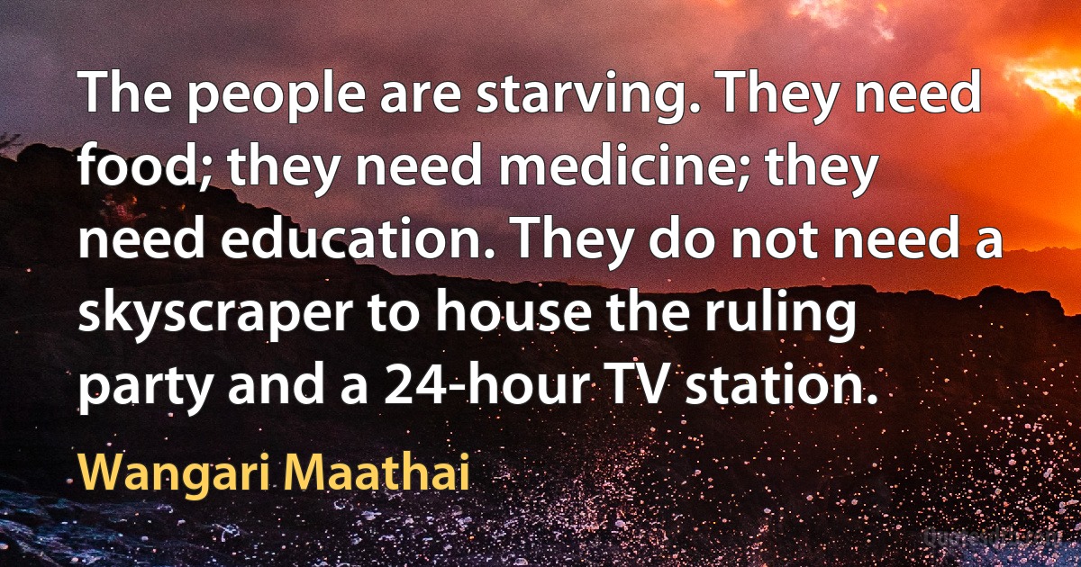 The people are starving. They need food; they need medicine; they need education. They do not need a skyscraper to house the ruling party and a 24-hour TV station. (Wangari Maathai)