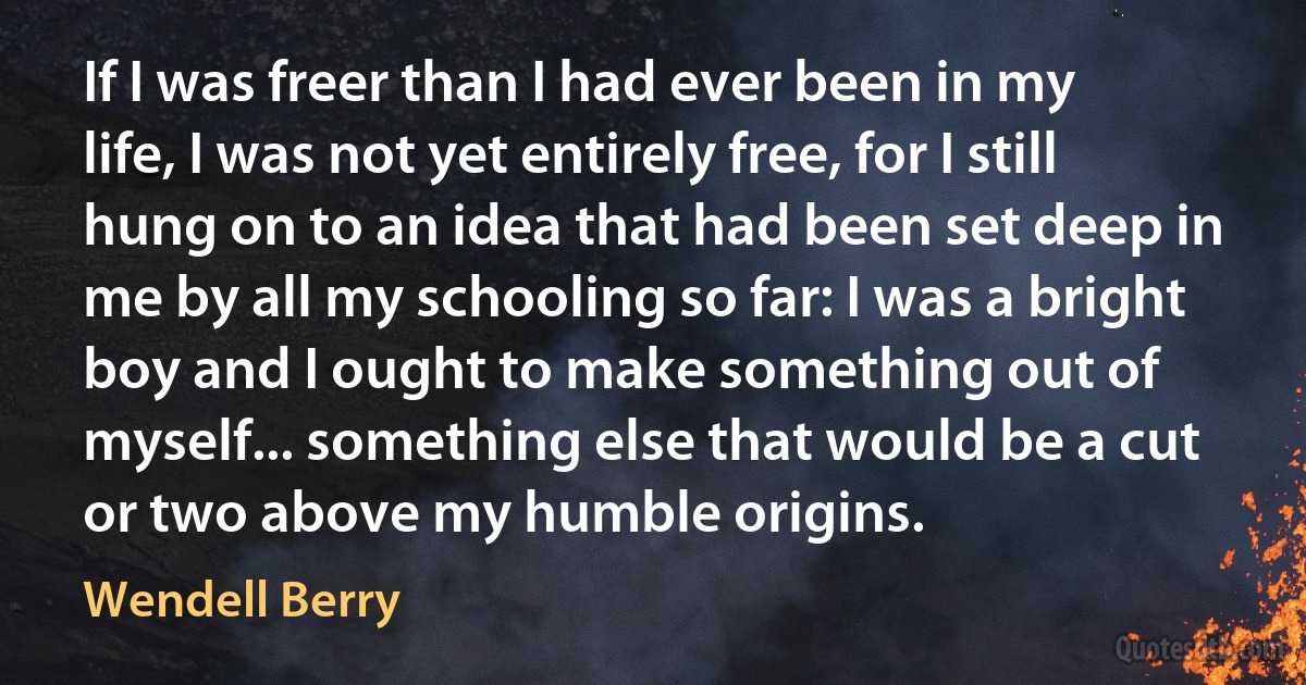 If I was freer than I had ever been in my life, I was not yet entirely free, for I still hung on to an idea that had been set deep in me by all my schooling so far: I was a bright boy and I ought to make something out of myself... something else that would be a cut or two above my humble origins. (Wendell Berry)