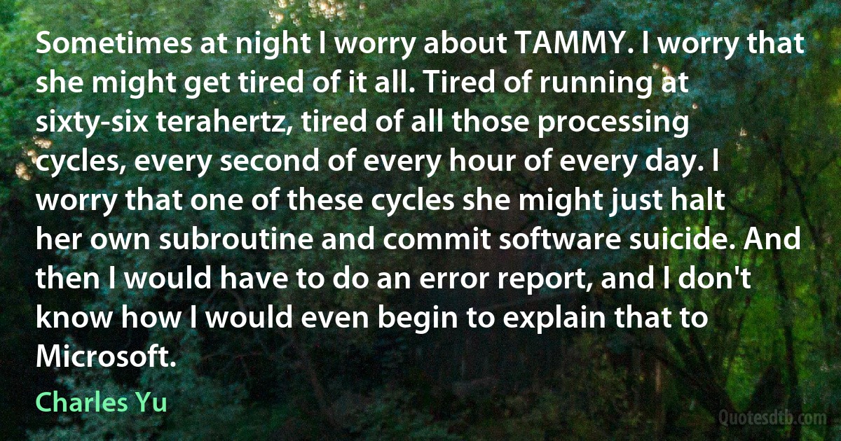 Sometimes at night I worry about TAMMY. I worry that she might get tired of it all. Tired of running at sixty-six terahertz, tired of all those processing cycles, every second of every hour of every day. I worry that one of these cycles she might just halt her own subroutine and commit software suicide. And then I would have to do an error report, and I don't know how I would even begin to explain that to Microsoft. (Charles Yu)