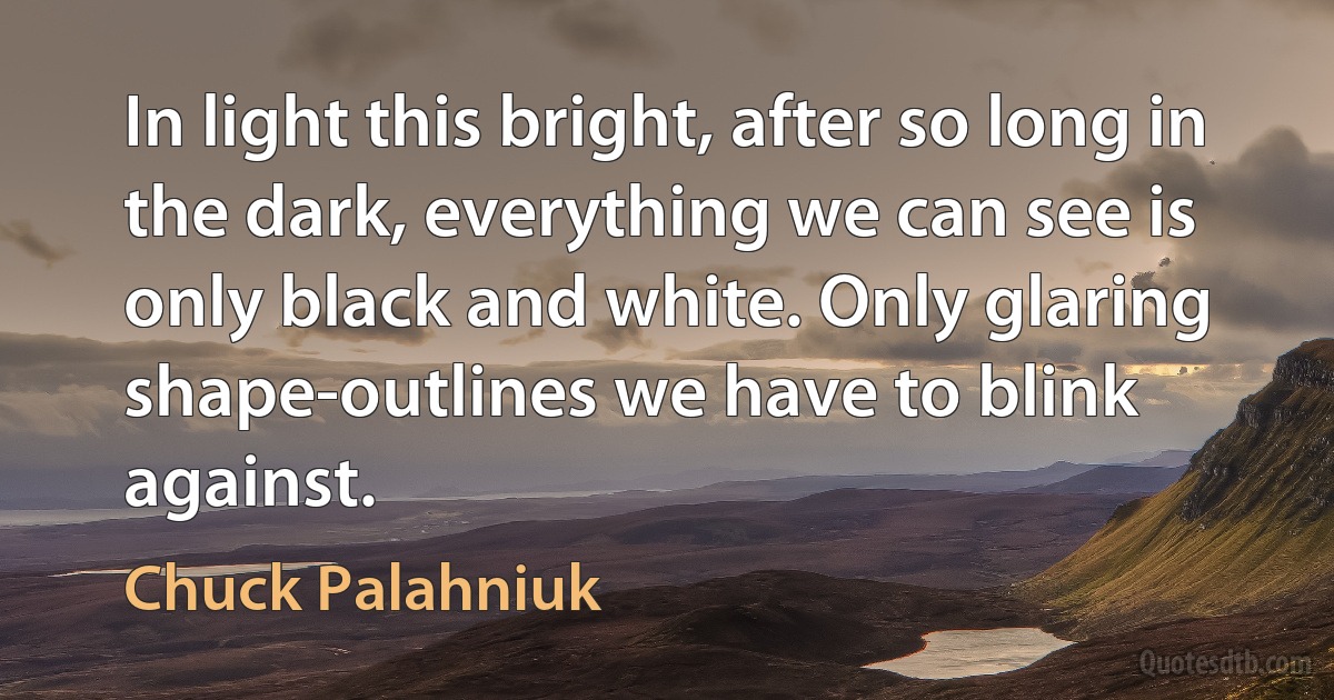 In light this bright, after so long in the dark, everything we can see is only black and white. Only glaring
shape-outlines we have to blink against. (Chuck Palahniuk)