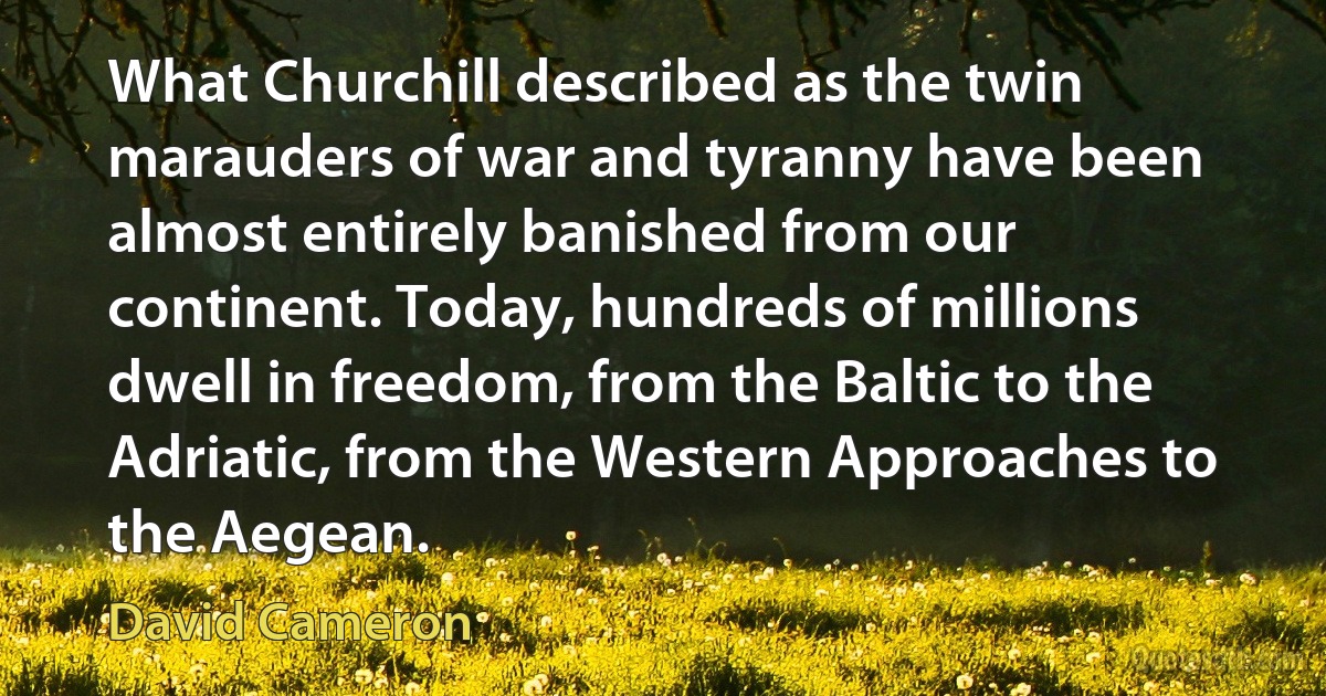 What Churchill described as the twin marauders of war and tyranny have been almost entirely banished from our continent. Today, hundreds of millions dwell in freedom, from the Baltic to the Adriatic, from the Western Approaches to the Aegean. (David Cameron)