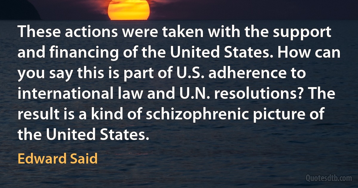 These actions were taken with the support and financing of the United States. How can you say this is part of U.S. adherence to international law and U.N. resolutions? The result is a kind of schizophrenic picture of the United States. (Edward Said)