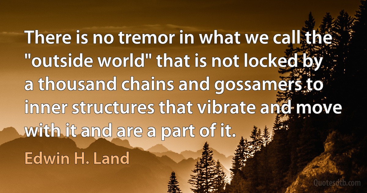 There is no tremor in what we call the "outside world" that is not locked by a thousand chains and gossamers to inner structures that vibrate and move with it and are a part of it. (Edwin H. Land)