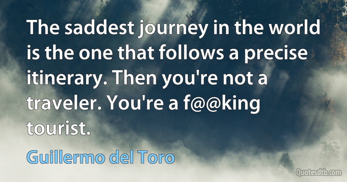 The saddest journey in the world is the one that follows a precise itinerary. Then you're not a traveler. You're a f@@king tourist. (Guillermo del Toro)