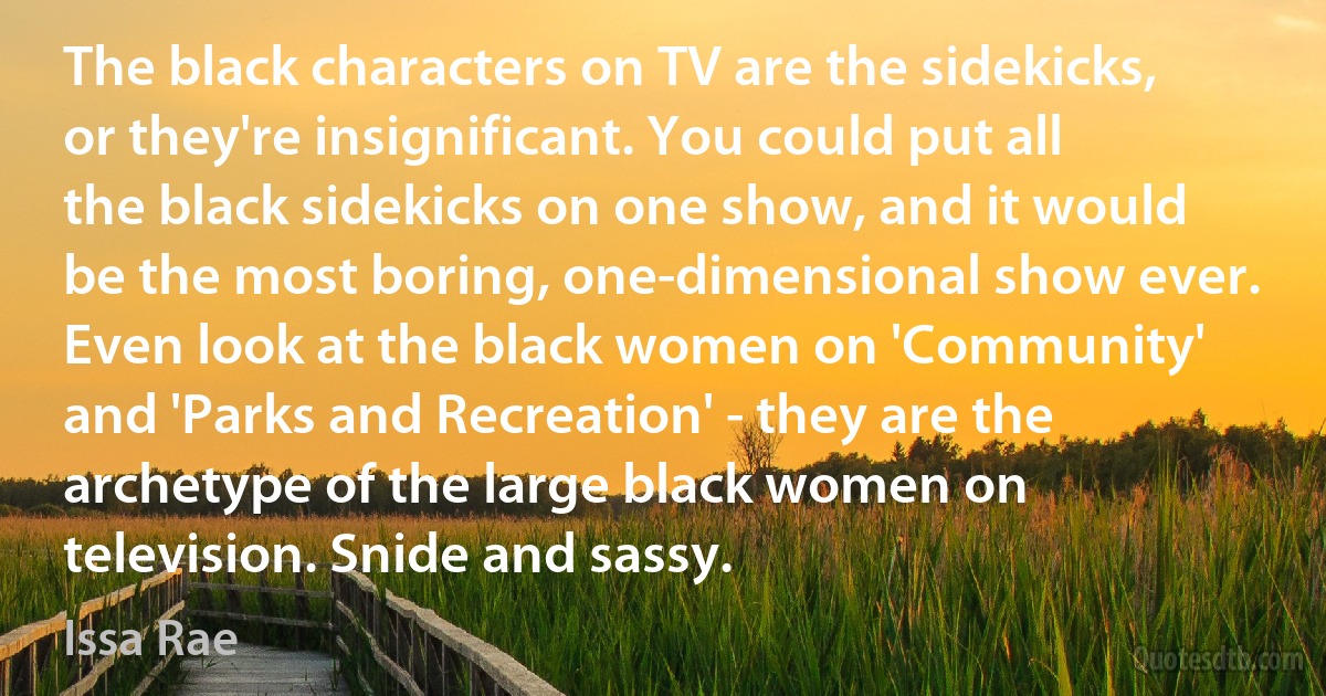 The black characters on TV are the sidekicks, or they're insignificant. You could put all the black sidekicks on one show, and it would be the most boring, one-dimensional show ever. Even look at the black women on 'Community' and 'Parks and Recreation' - they are the archetype of the large black women on television. Snide and sassy. (Issa Rae)