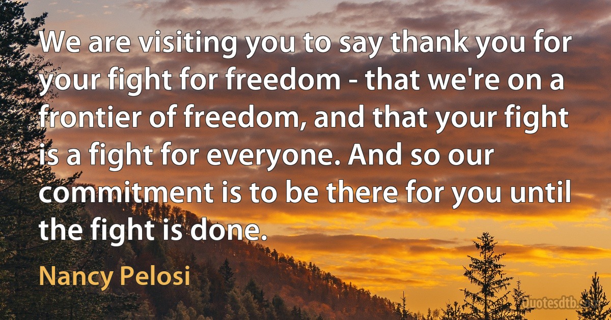 We are visiting you to say thank you for your fight for freedom - that we're on a frontier of freedom, and that your fight is a fight for everyone. And so our commitment is to be there for you until the fight is done. (Nancy Pelosi)