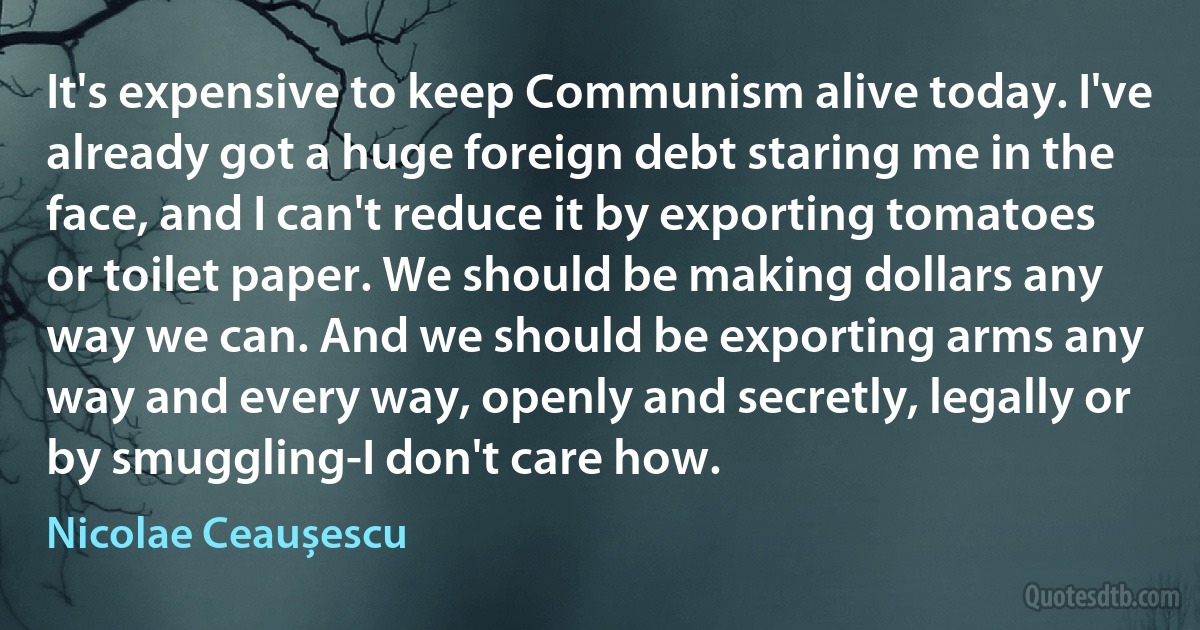 It's expensive to keep Communism alive today. I've already got a huge foreign debt staring me in the face, and I can't reduce it by exporting tomatoes or toilet paper. We should be making dollars any way we can. And we should be exporting arms any way and every way, openly and secretly, legally or by smuggling-I don't care how. (Nicolae Ceaușescu)