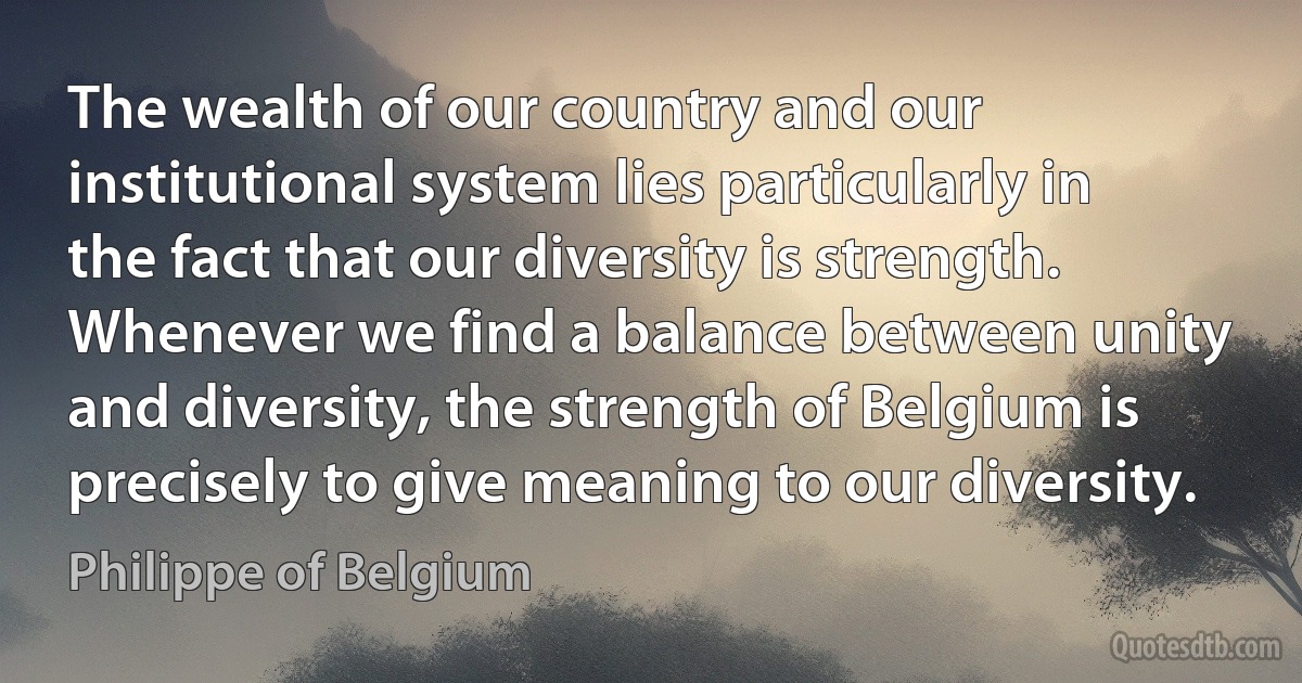 The wealth of our country and our institutional system lies particularly in the fact that our diversity is strength. Whenever we find a balance between unity and diversity, the strength of Belgium is precisely to give meaning to our diversity. (Philippe of Belgium)