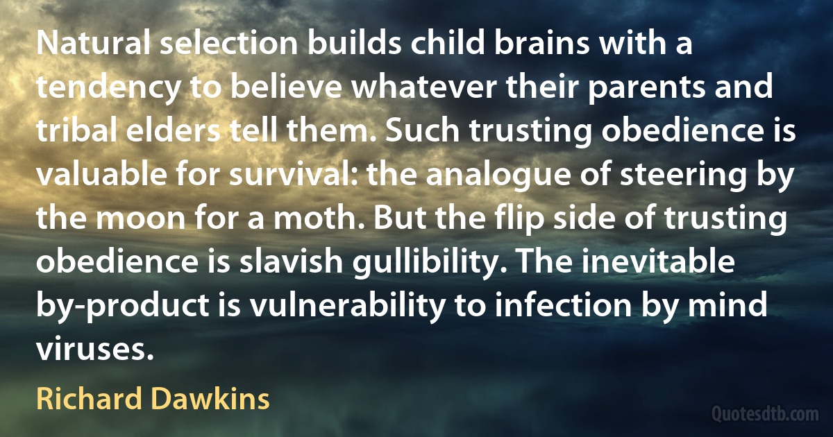 Natural selection builds child brains with a tendency to believe whatever their parents and tribal elders tell them. Such trusting obedience is valuable for survival: the analogue of steering by the moon for a moth. But the flip side of trusting obedience is slavish gullibility. The inevitable by-product is vulnerability to infection by mind viruses. (Richard Dawkins)